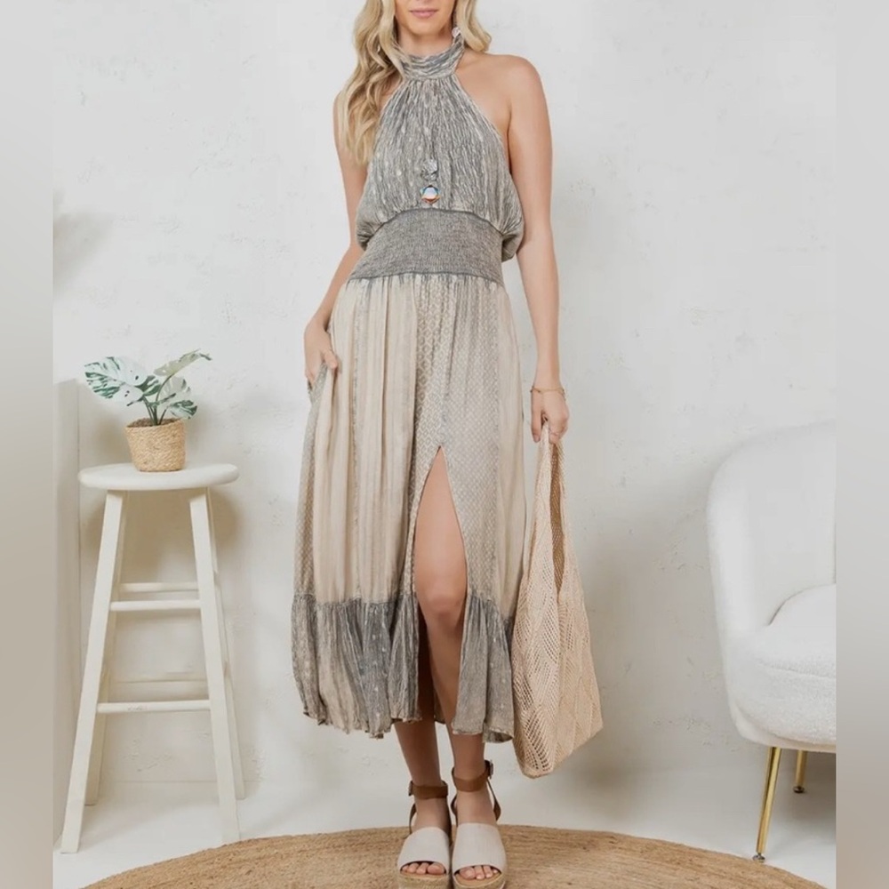 YOUNG THREADS NWT Patchwork Rayon Crepe Halter Neck Midi Dress, Size S | 1721